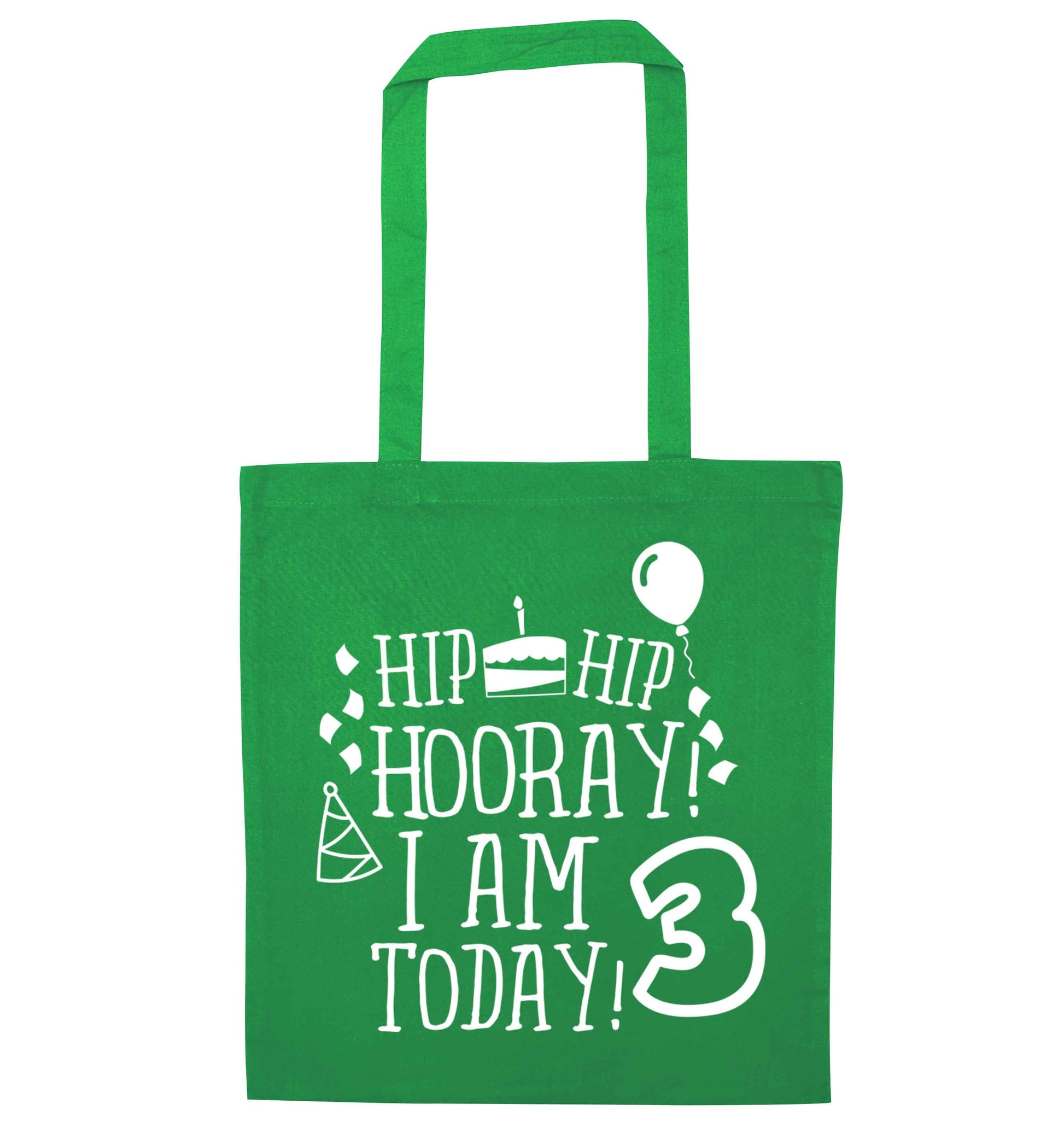 Hip hip hooray I'm 3 today! green tote bag