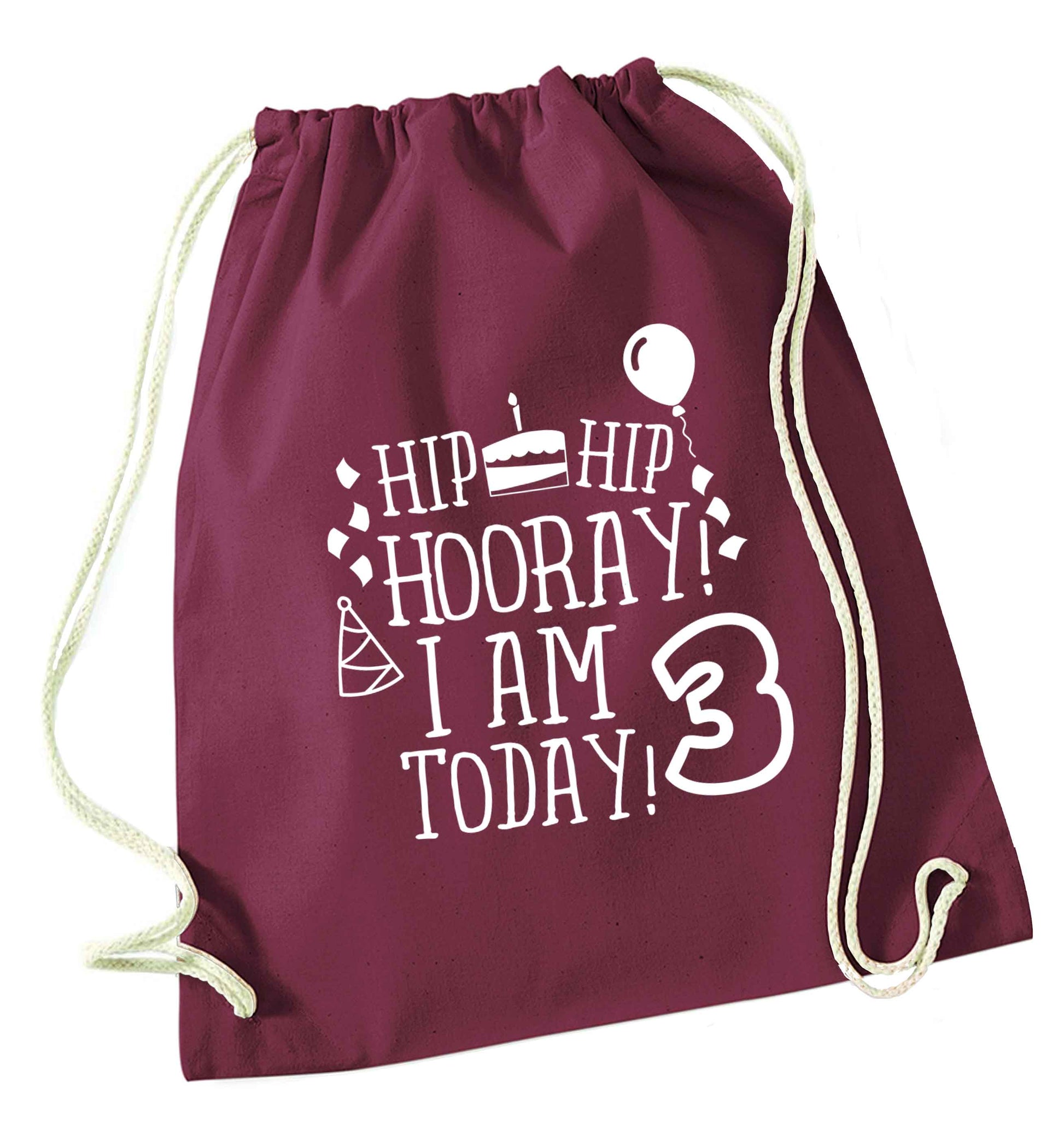 Hip hip hooray I'm 3 today! maroon drawstring bag