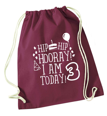 Hip hip hooray I'm 3 today! maroon drawstring bag