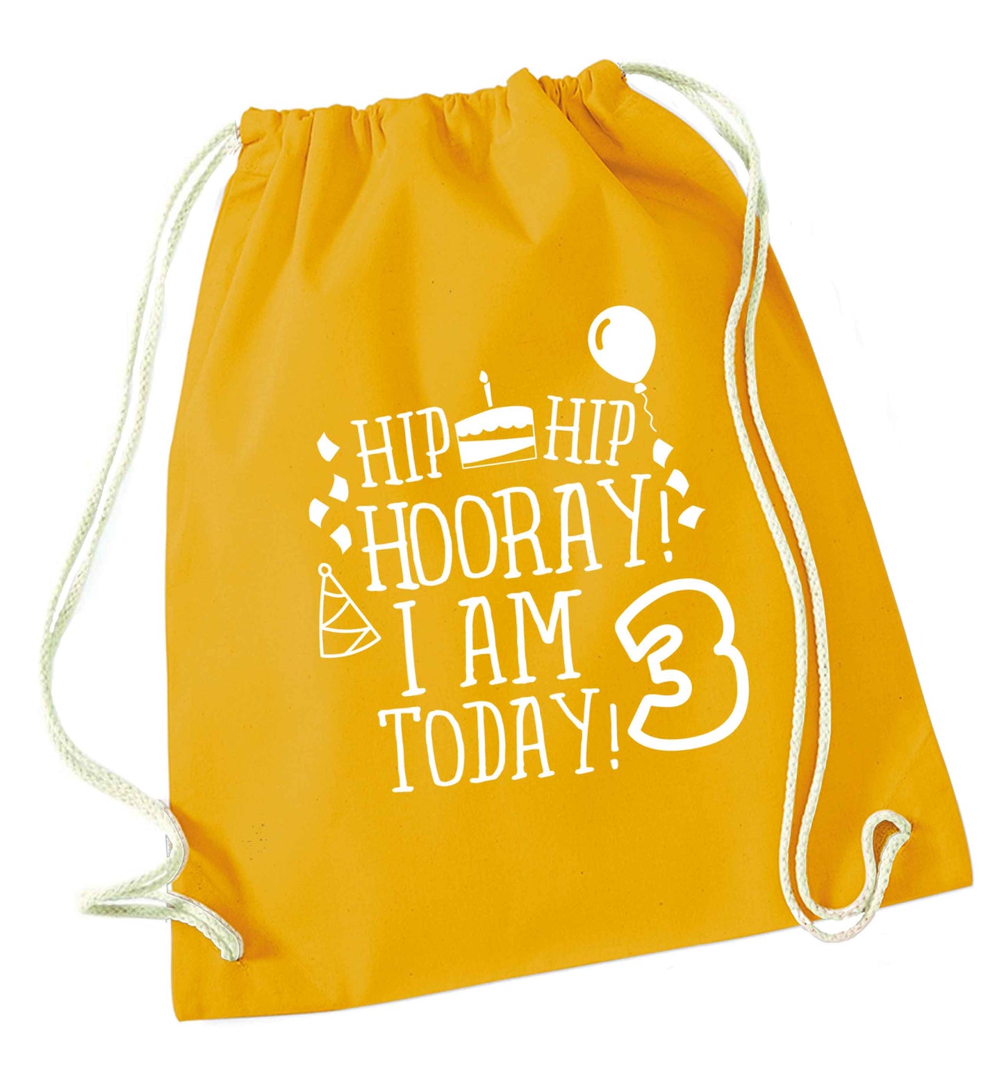 Hip hip hooray I'm 3 today! mustard drawstring bag