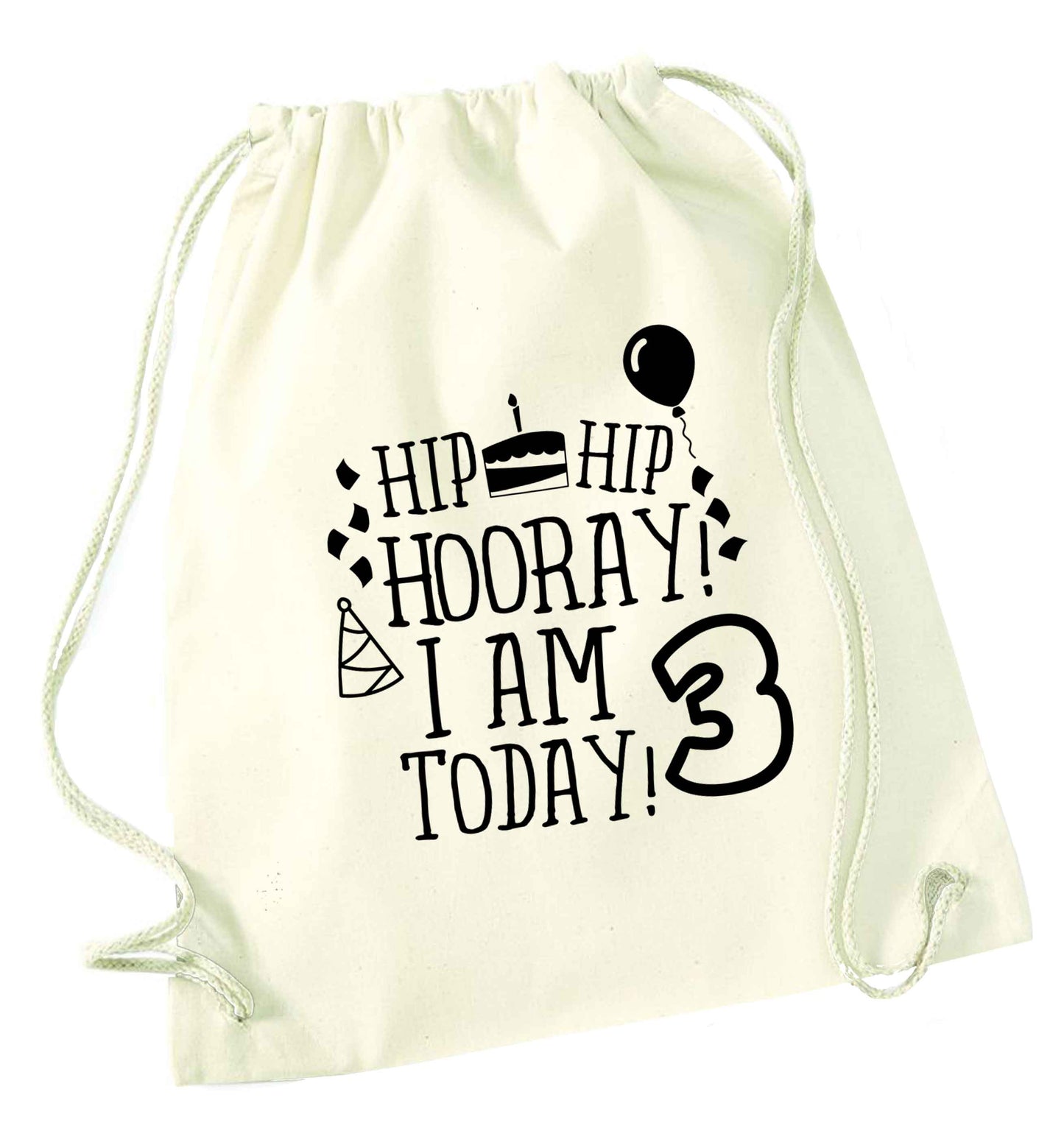 Hip hip hooray I'm 3 today! natural drawstring bag