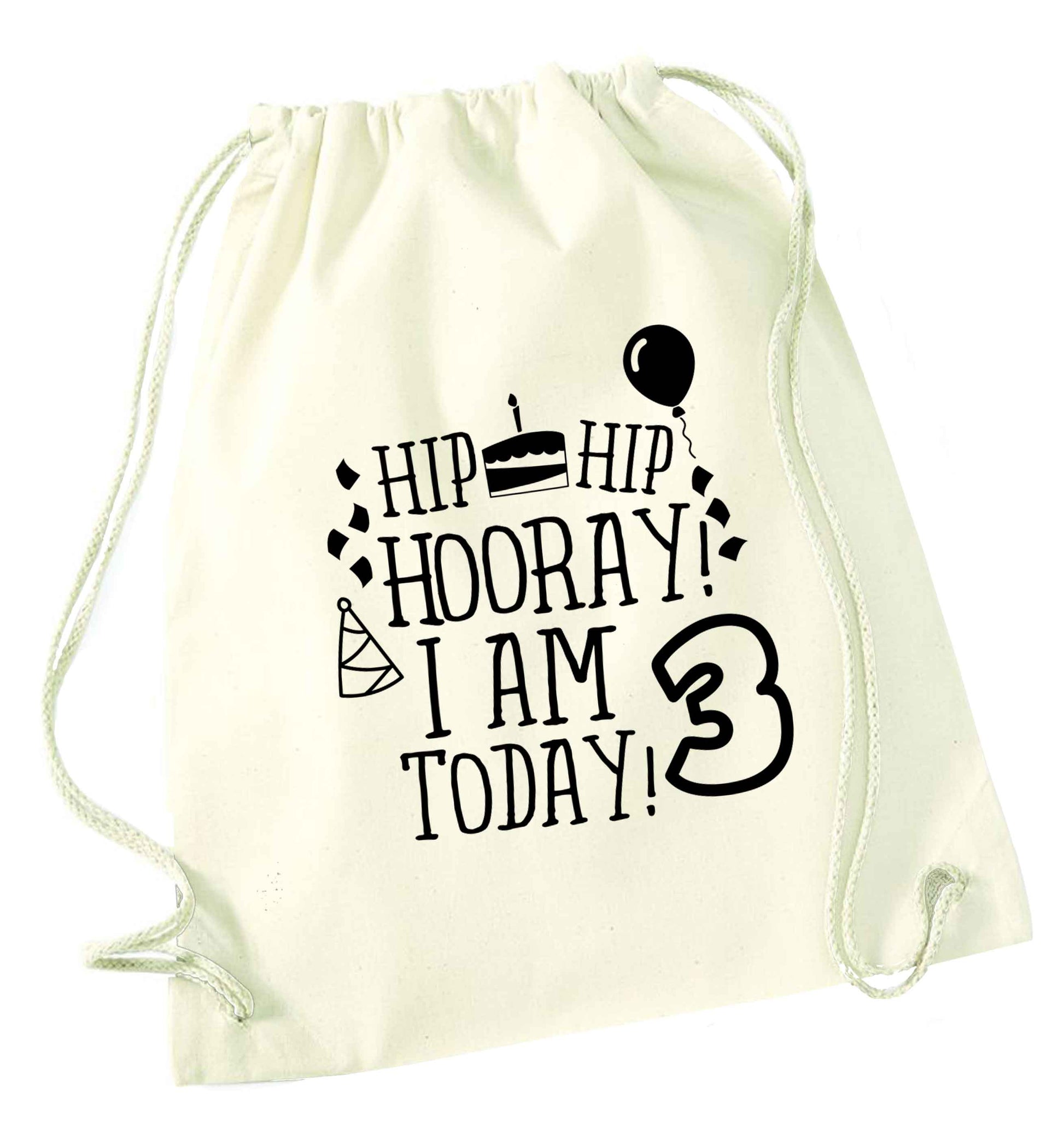 Hip hip hooray I'm 3 today! natural drawstring bag