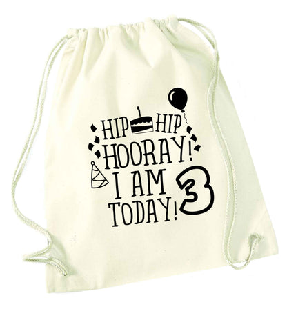 Hip hip hooray I'm 3 today! natural drawstring bag