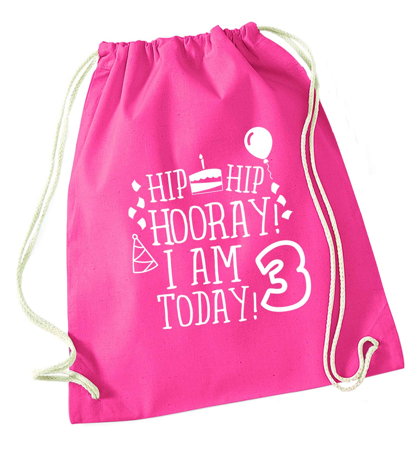 Hip hip hooray I'm 3 today! pink drawstring bag