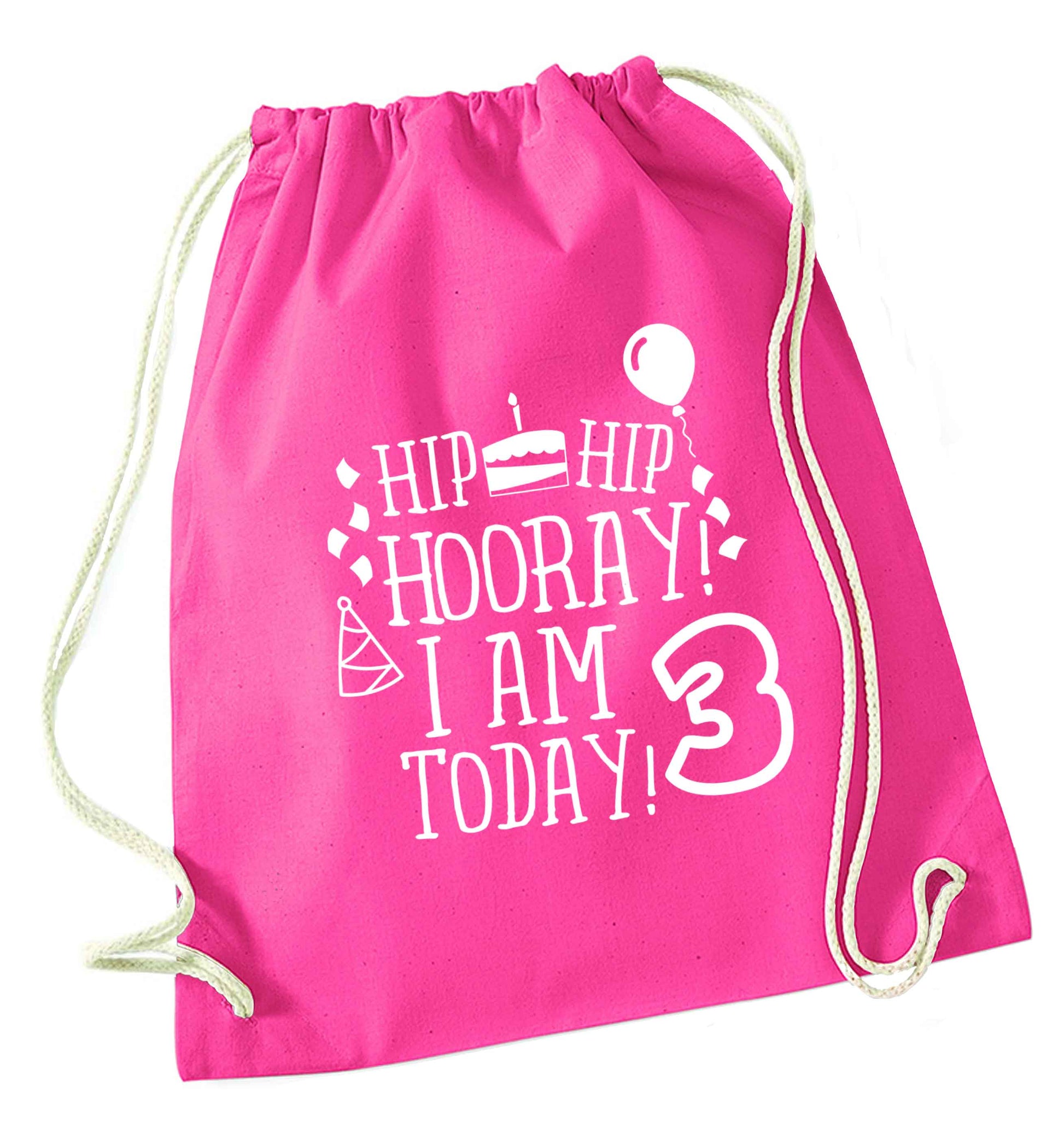 Hip hip hooray I'm 3 today! pink drawstring bag