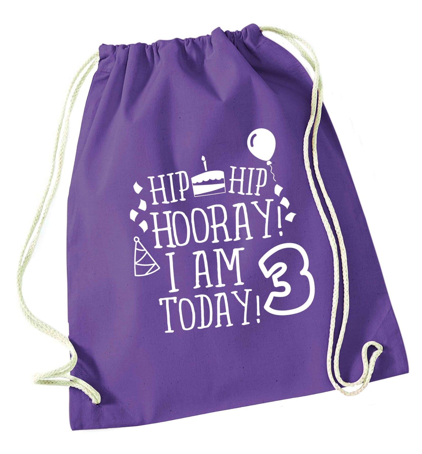Hip hip hooray I'm 3 today! purple drawstring bag