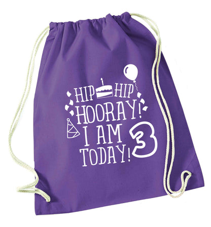Hip hip hooray I'm 3 today! purple drawstring bag