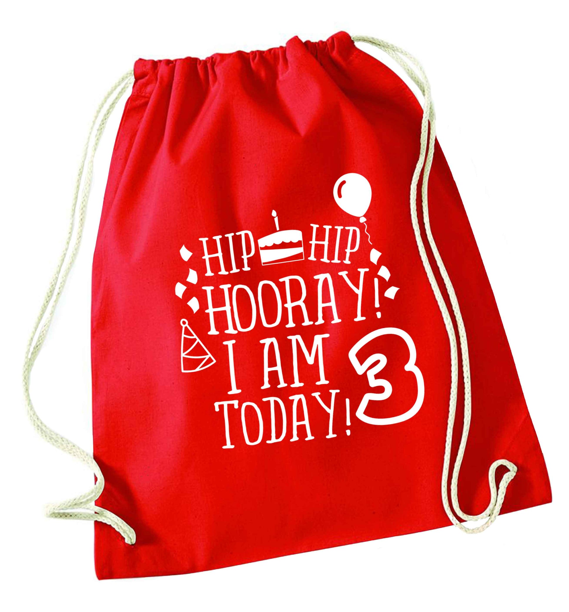 Hip hip hooray I'm 3 today! red drawstring bag 