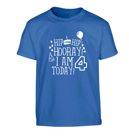 Hip hip hooray I am four today! Children's blue Tshirt 12-13 Years