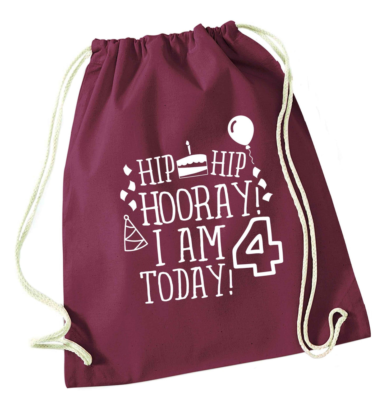 Hip hip hooray I am four today! maroon drawstring bag