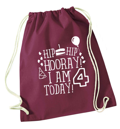 Hip hip hooray I am four today! maroon drawstring bag