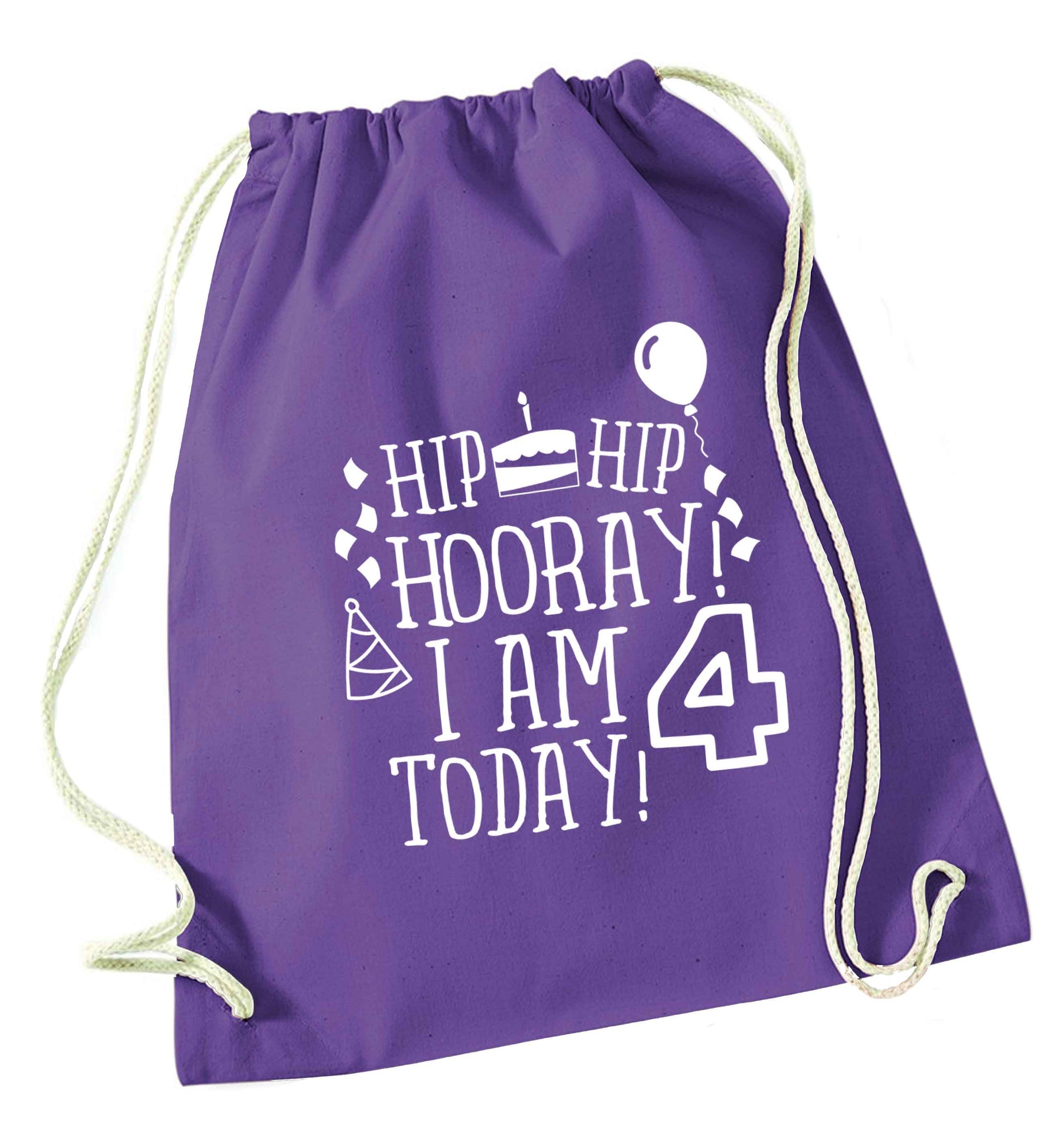 Hip hip hooray I am four today! purple drawstring bag