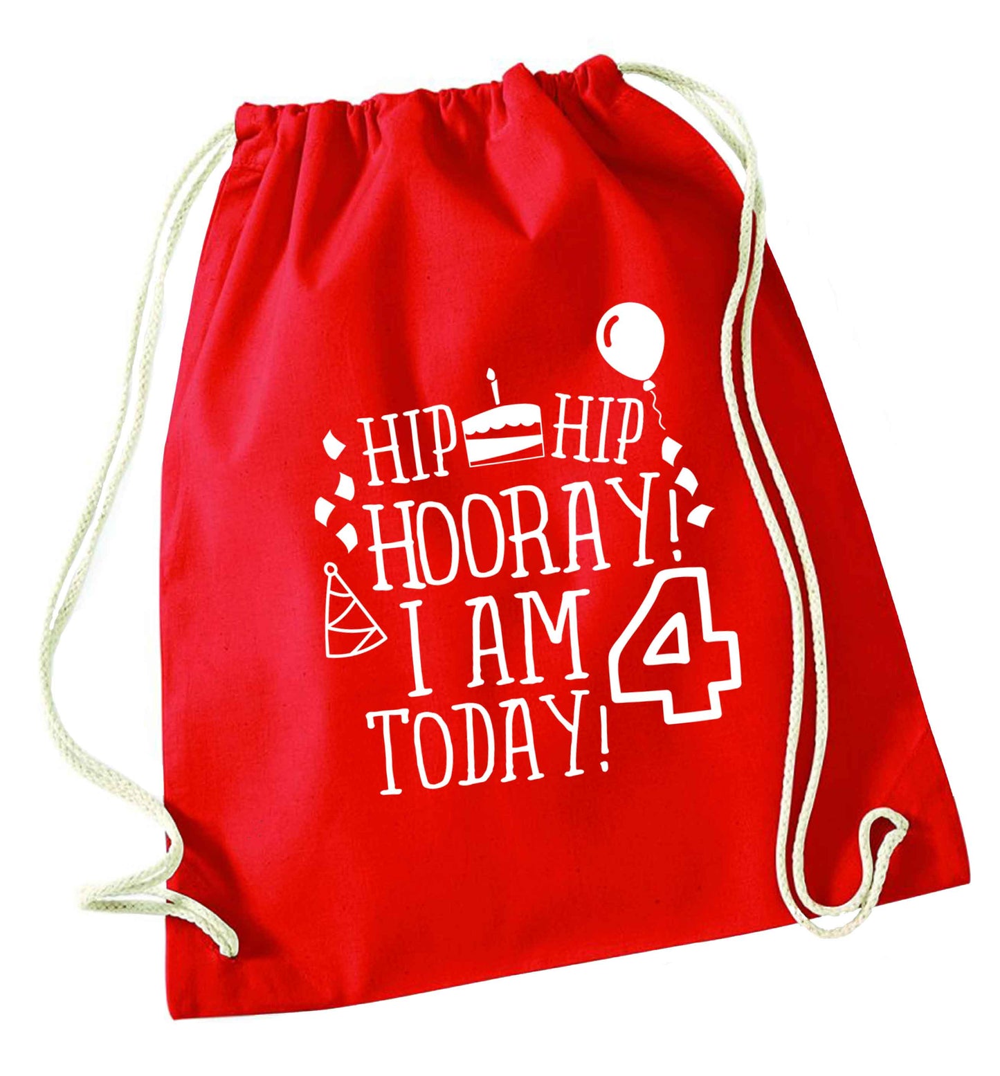Hip hip hooray I am four today! red drawstring bag 