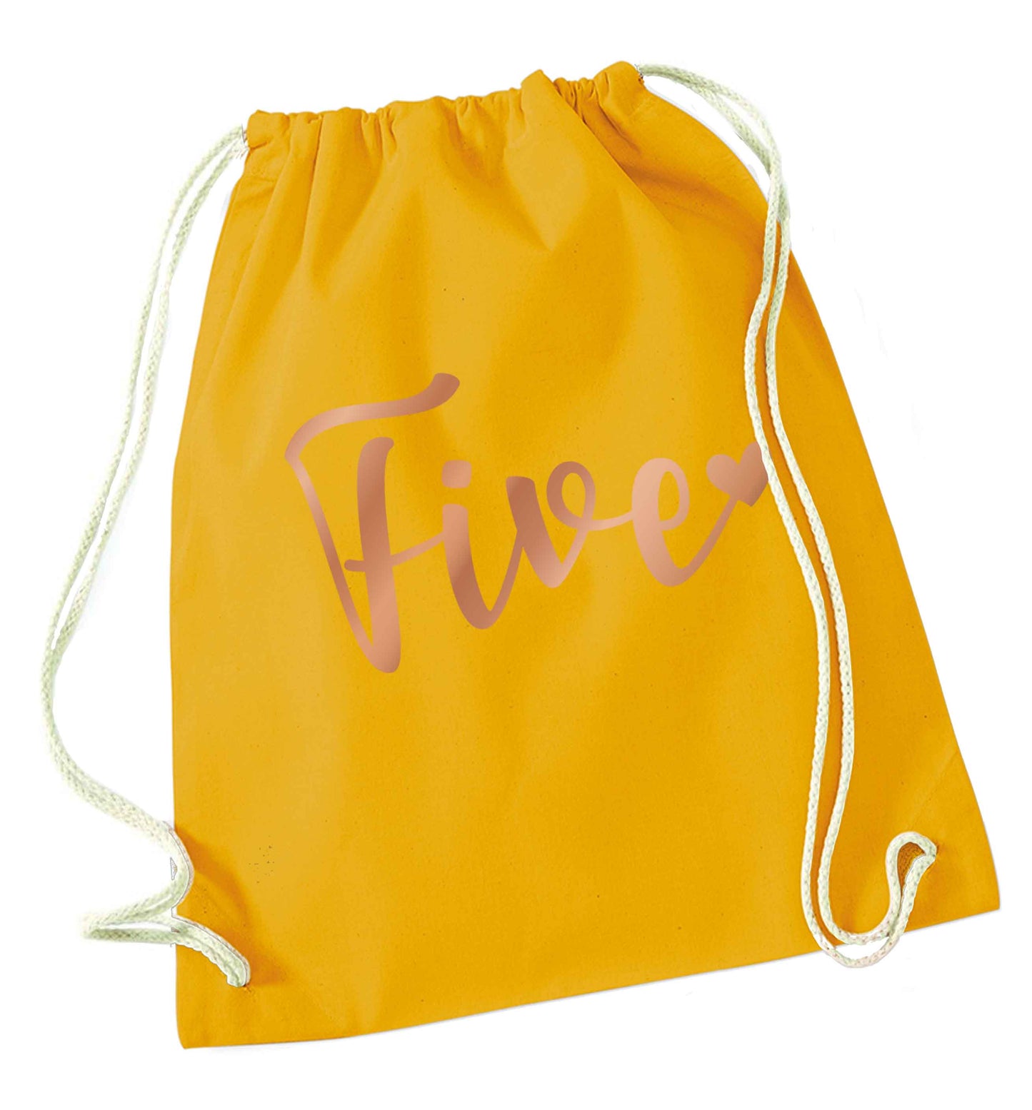 Five rose gold mustard drawstring bag