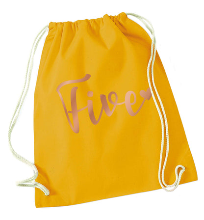 Five rose gold mustard drawstring bag