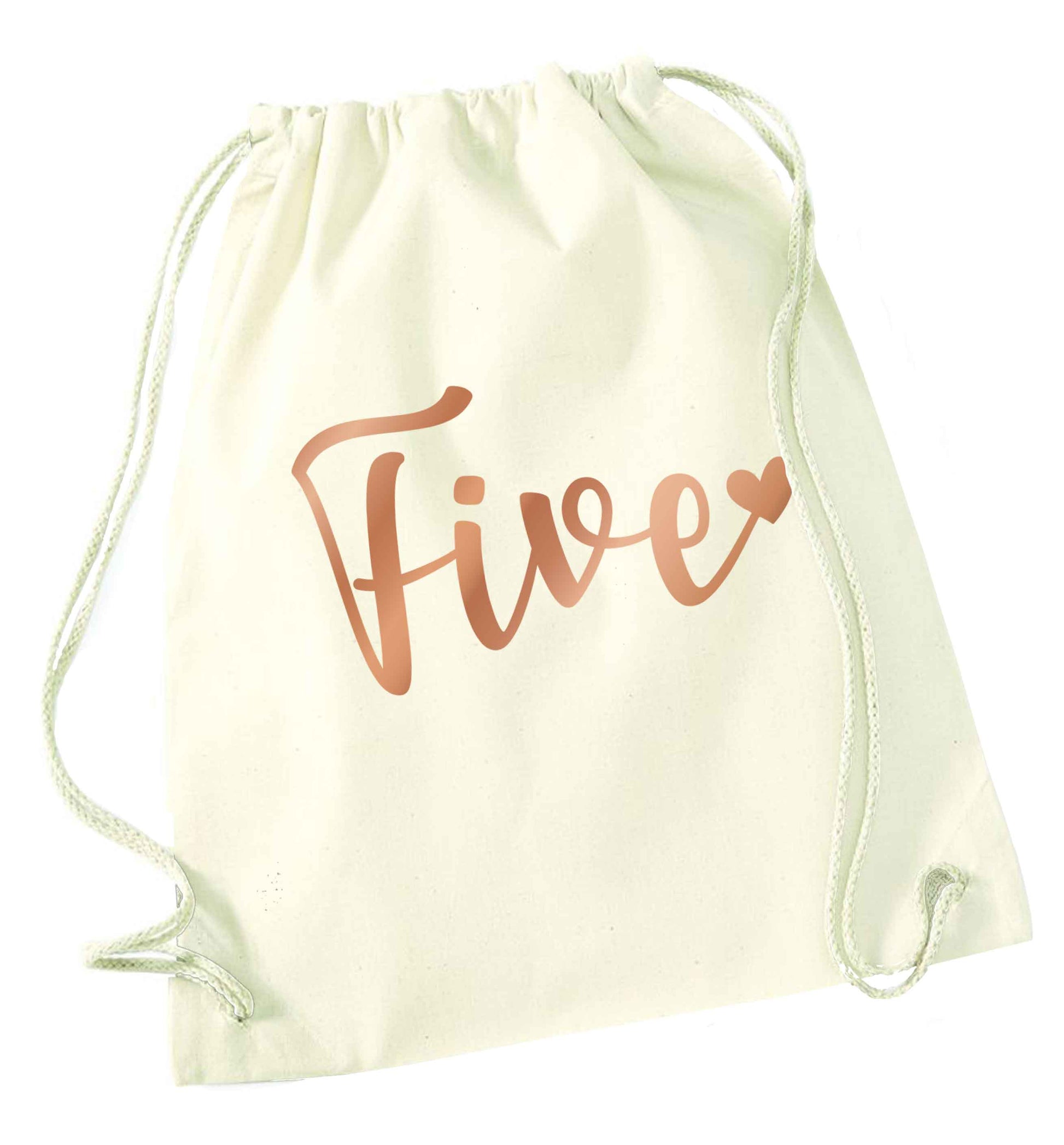 Five rose gold natural drawstring bag