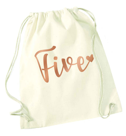Five rose gold natural drawstring bag