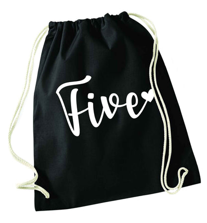 Five and heart black drawstring bag