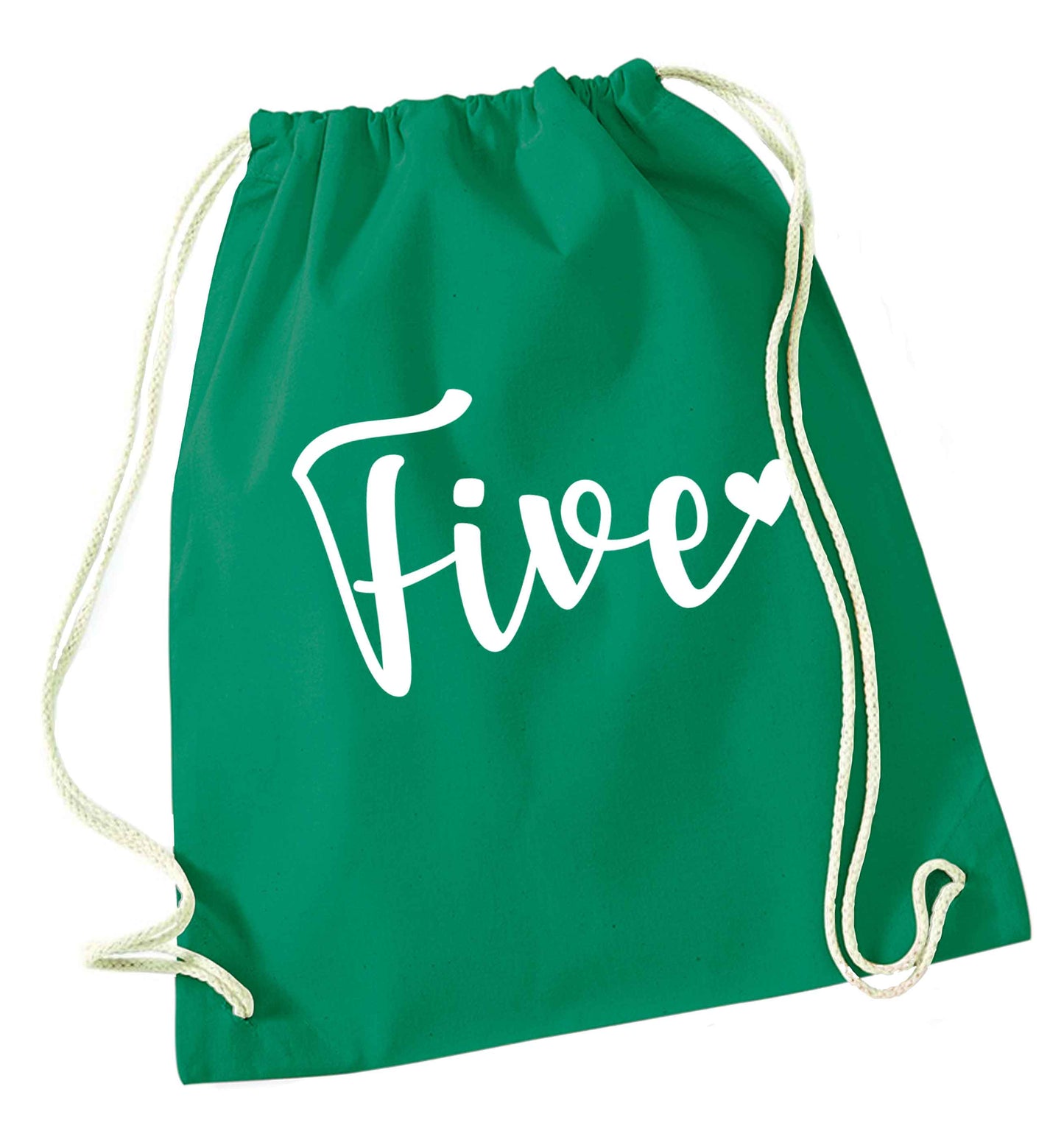 Five and heart green drawstring bag