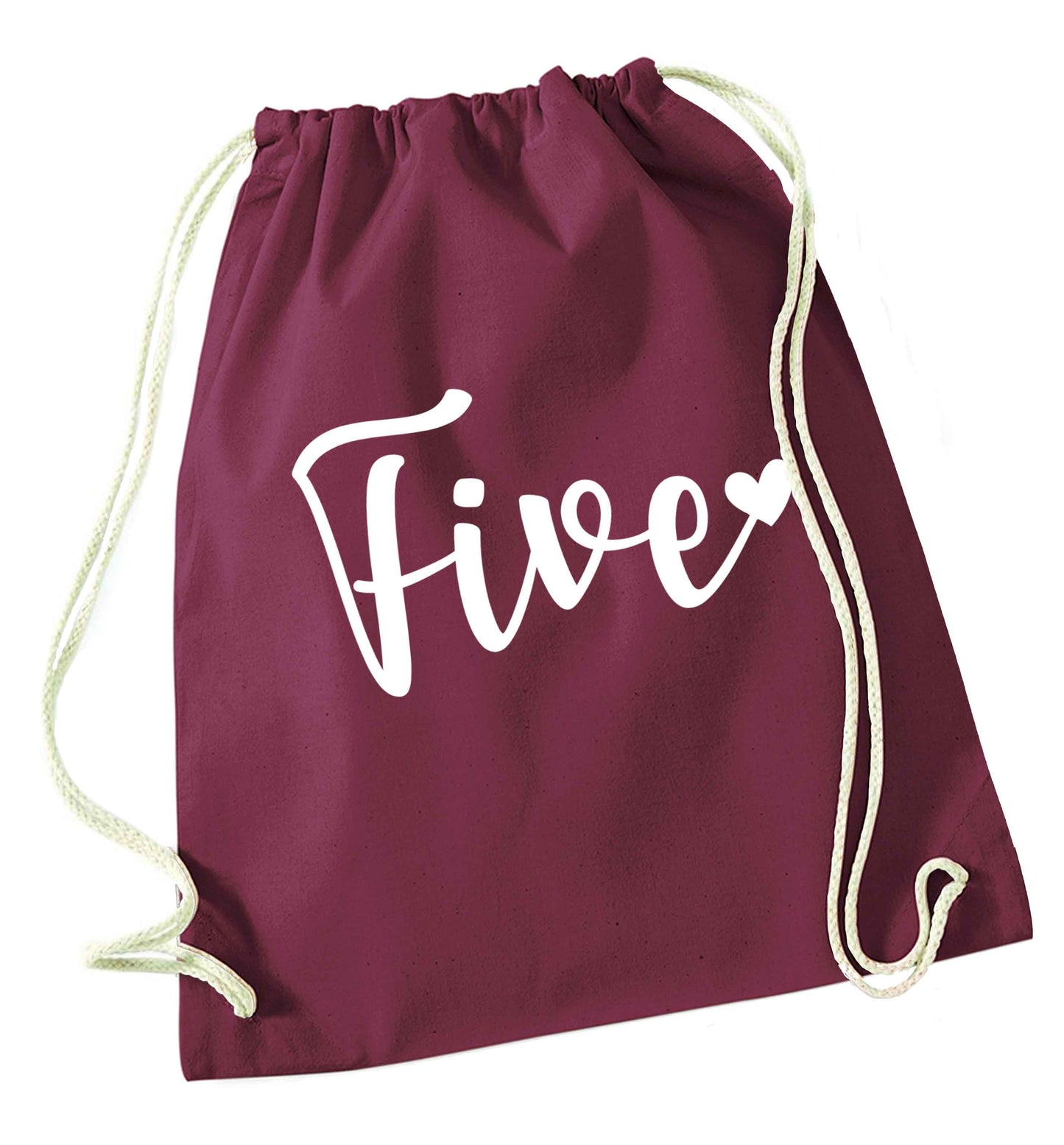 Five and heart maroon drawstring bag