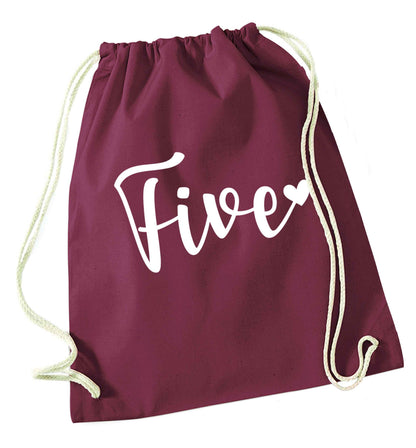Five and heart maroon drawstring bag