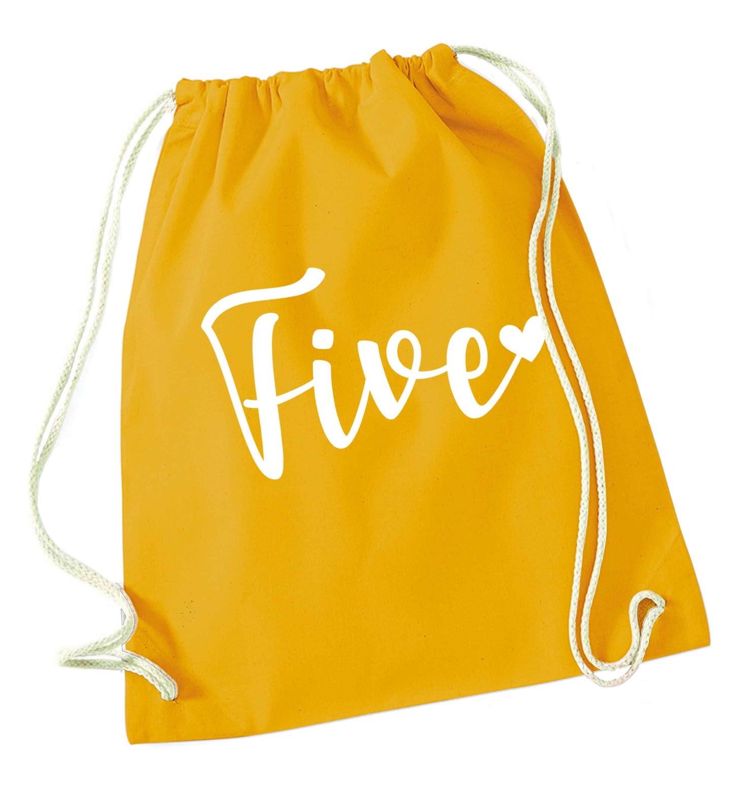 Five and heart mustard drawstring bag