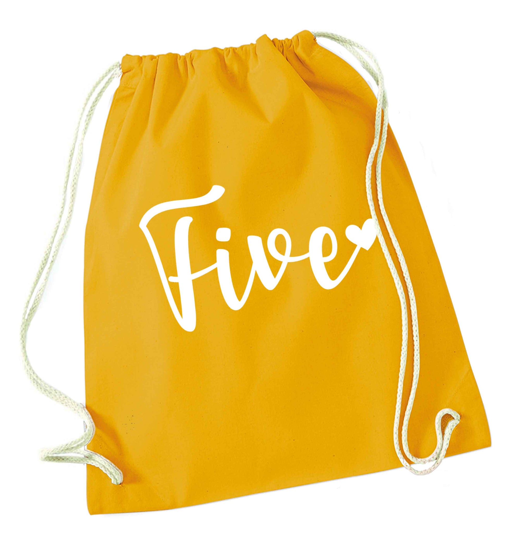 Five and heart mustard drawstring bag