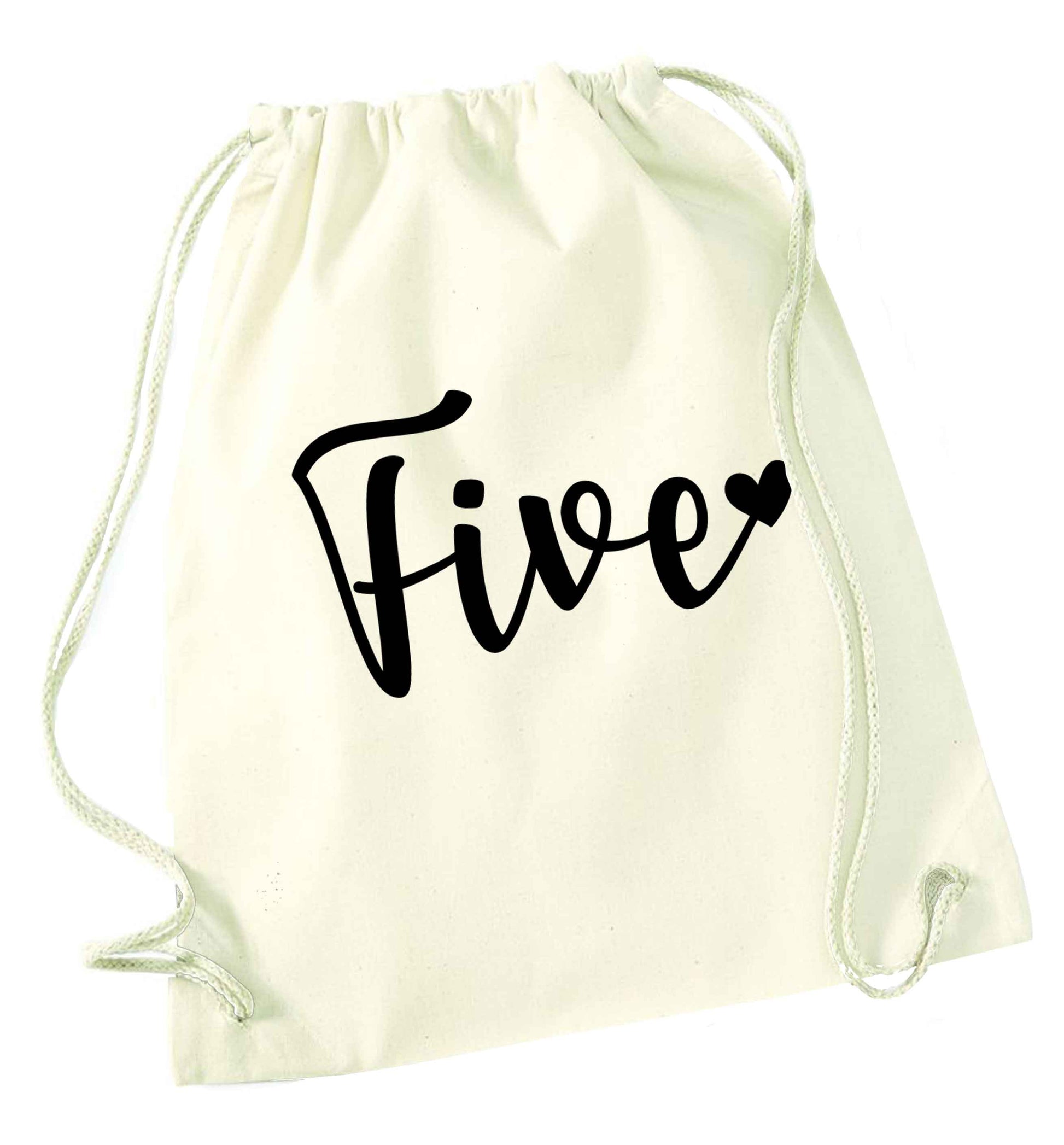 Five and heart natural drawstring bag