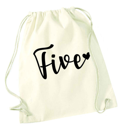 Five and heart natural drawstring bag