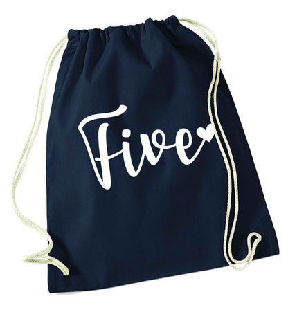 Five and heart navy drawstring bag