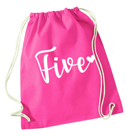 Five and heart pink drawstring bag