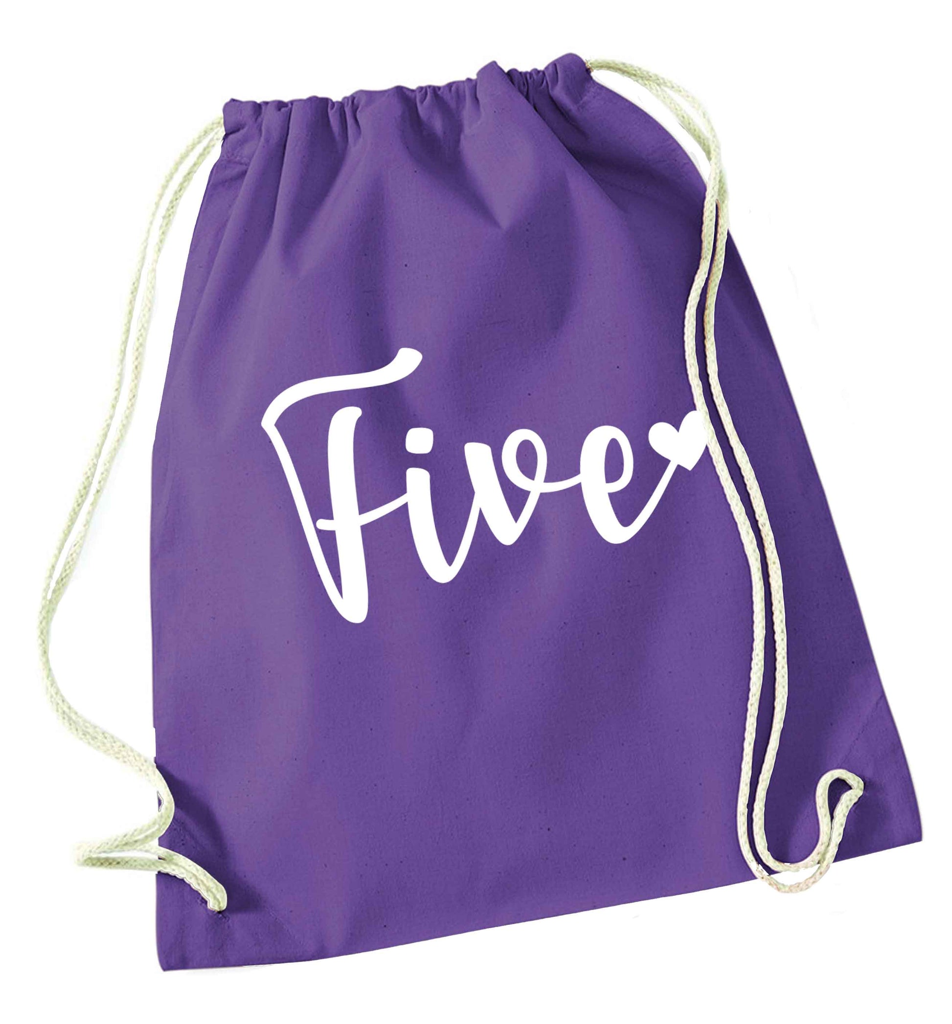 Five and heart purple drawstring bag
