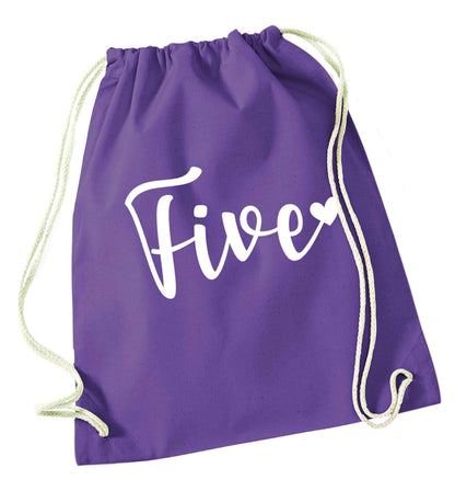 Five and heart purple drawstring bag