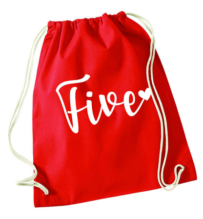 Five and heart red drawstring bag 