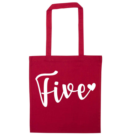 Five and heart red tote bag