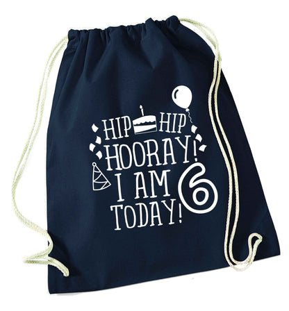 Hip hip hooray I am six today! navy drawstring bag