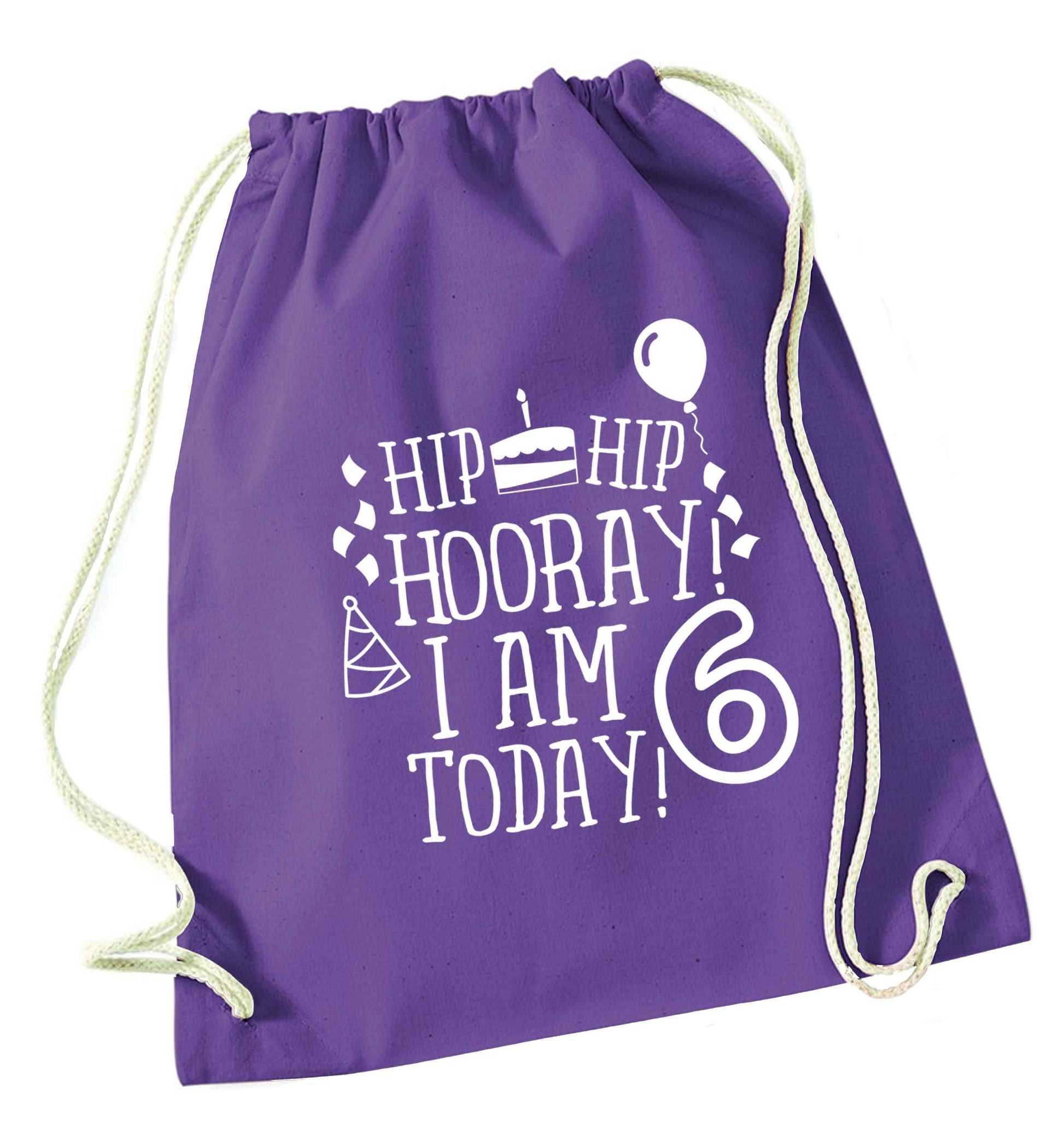 Hip hip hooray I am six today! purple drawstring bag