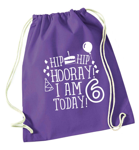 Hip hip hooray I am six today! purple drawstring bag