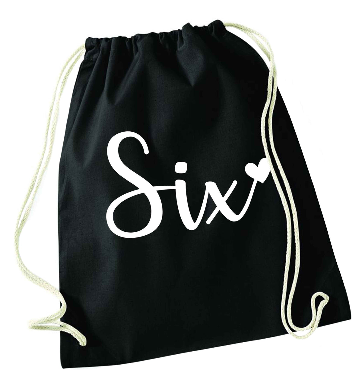 Six and heart! black drawstring bag