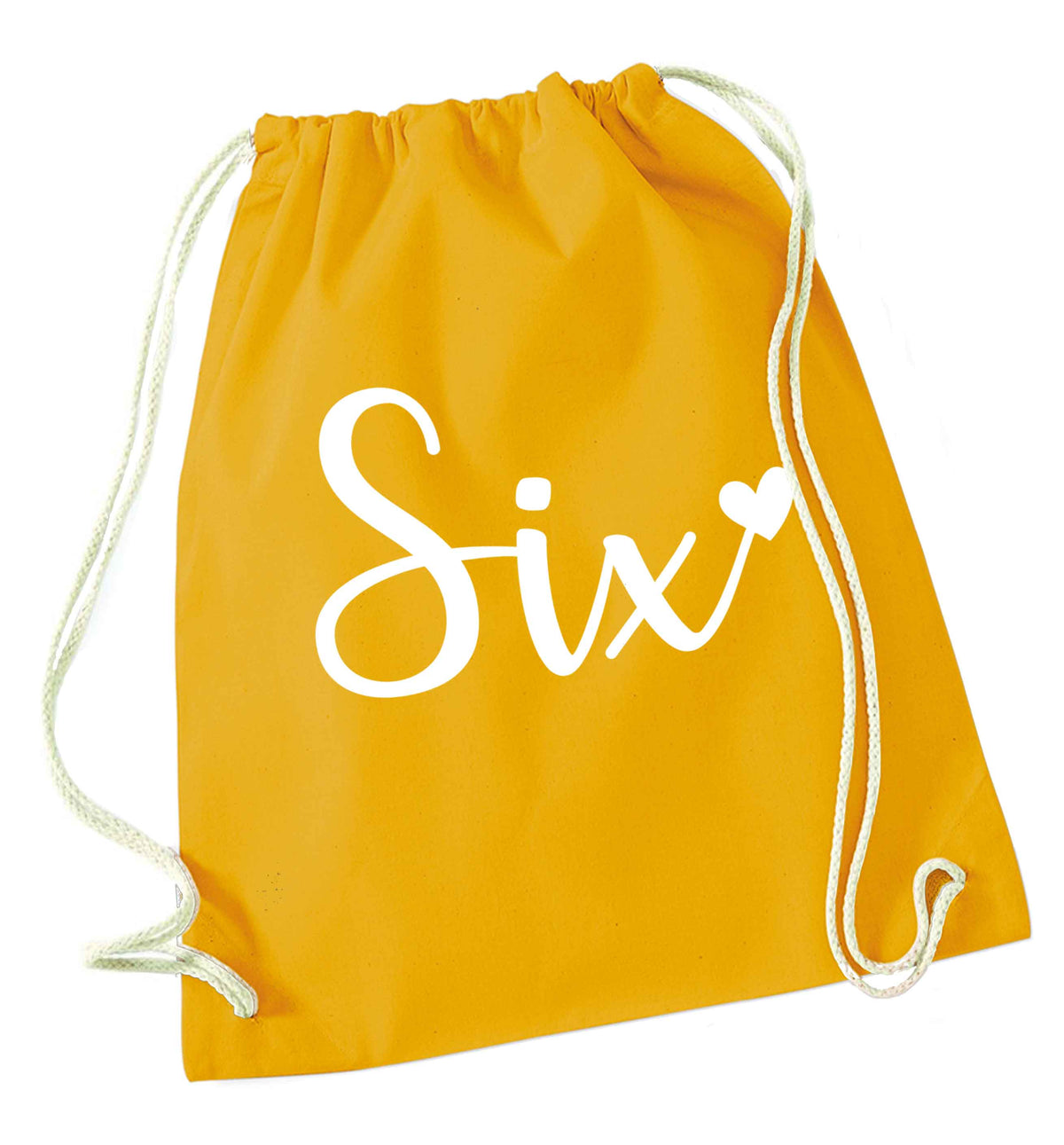 Six and heart! mustard drawstring bag