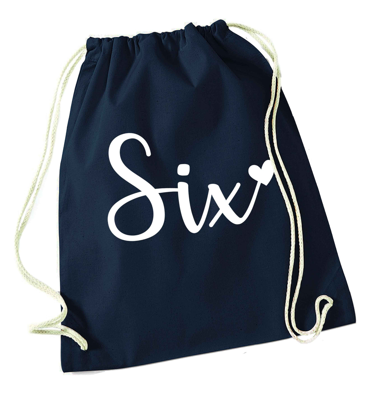 Six and heart! navy drawstring bag