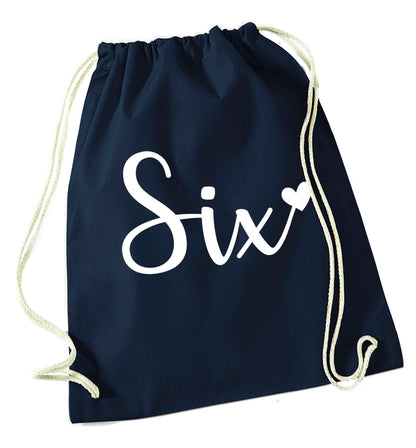 Six and heart! navy drawstring bag