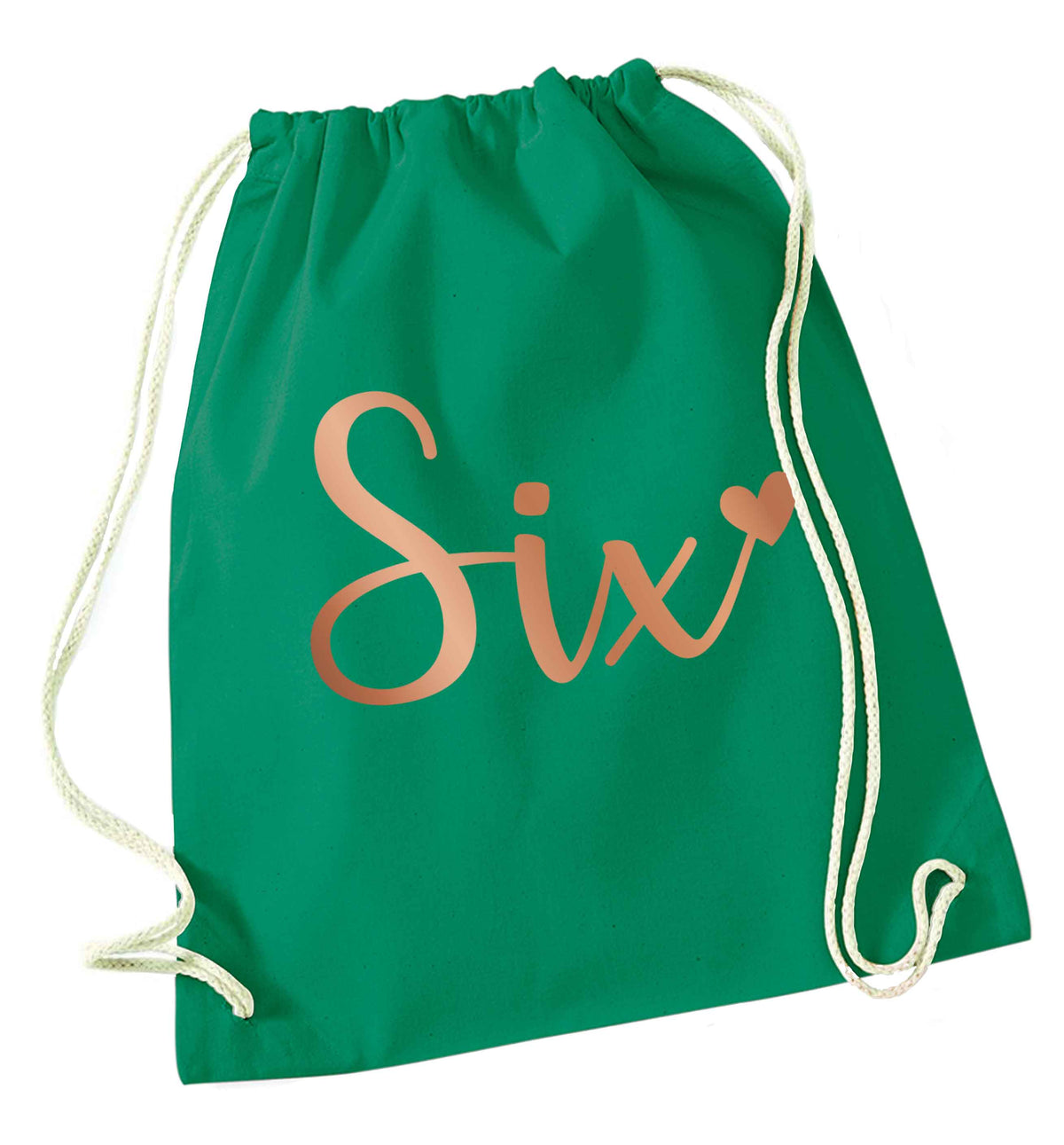 Six rose gold green drawstring bag