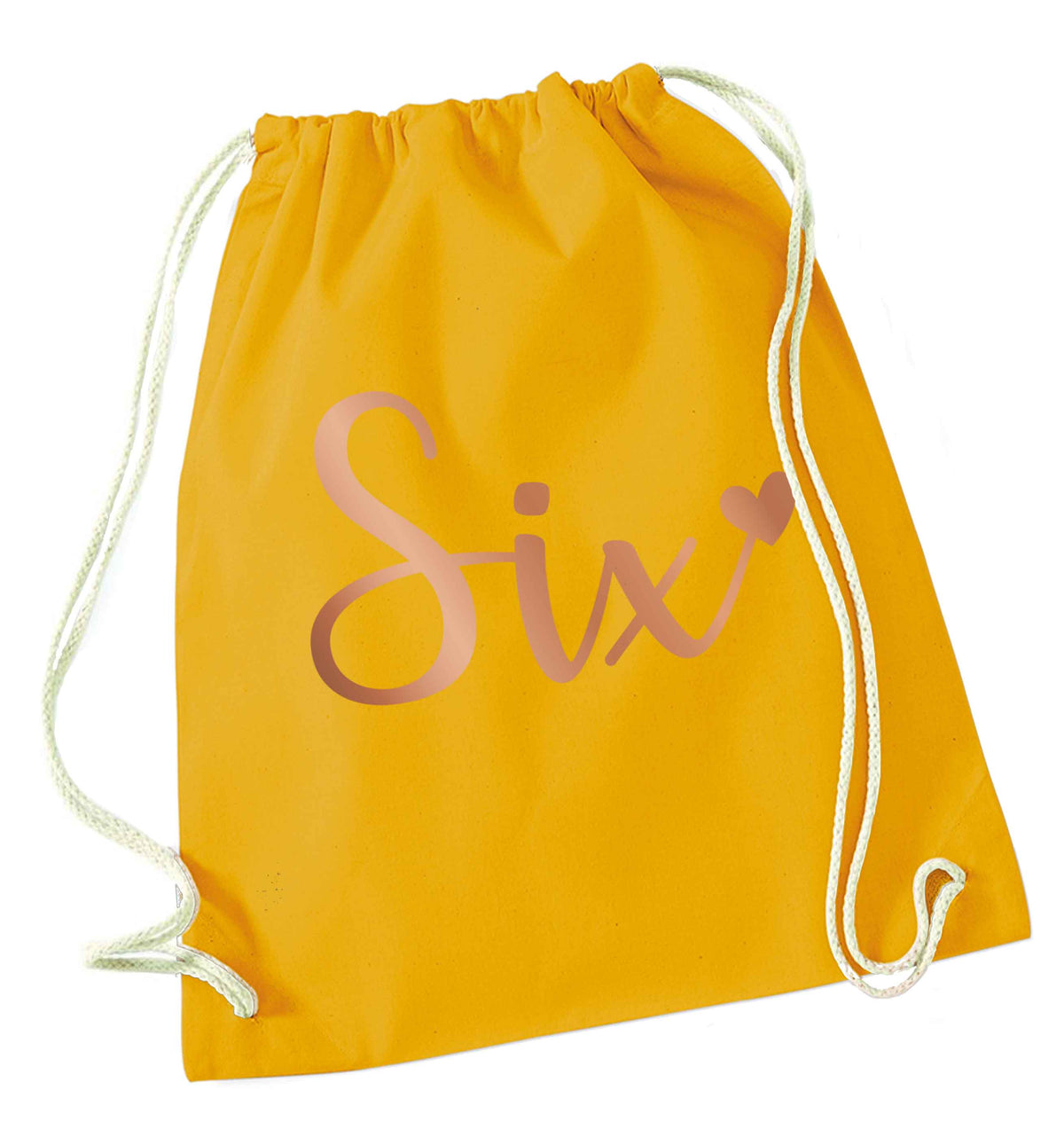 Six rose gold mustard drawstring bag