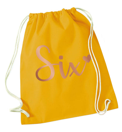 Six rose gold mustard drawstring bag