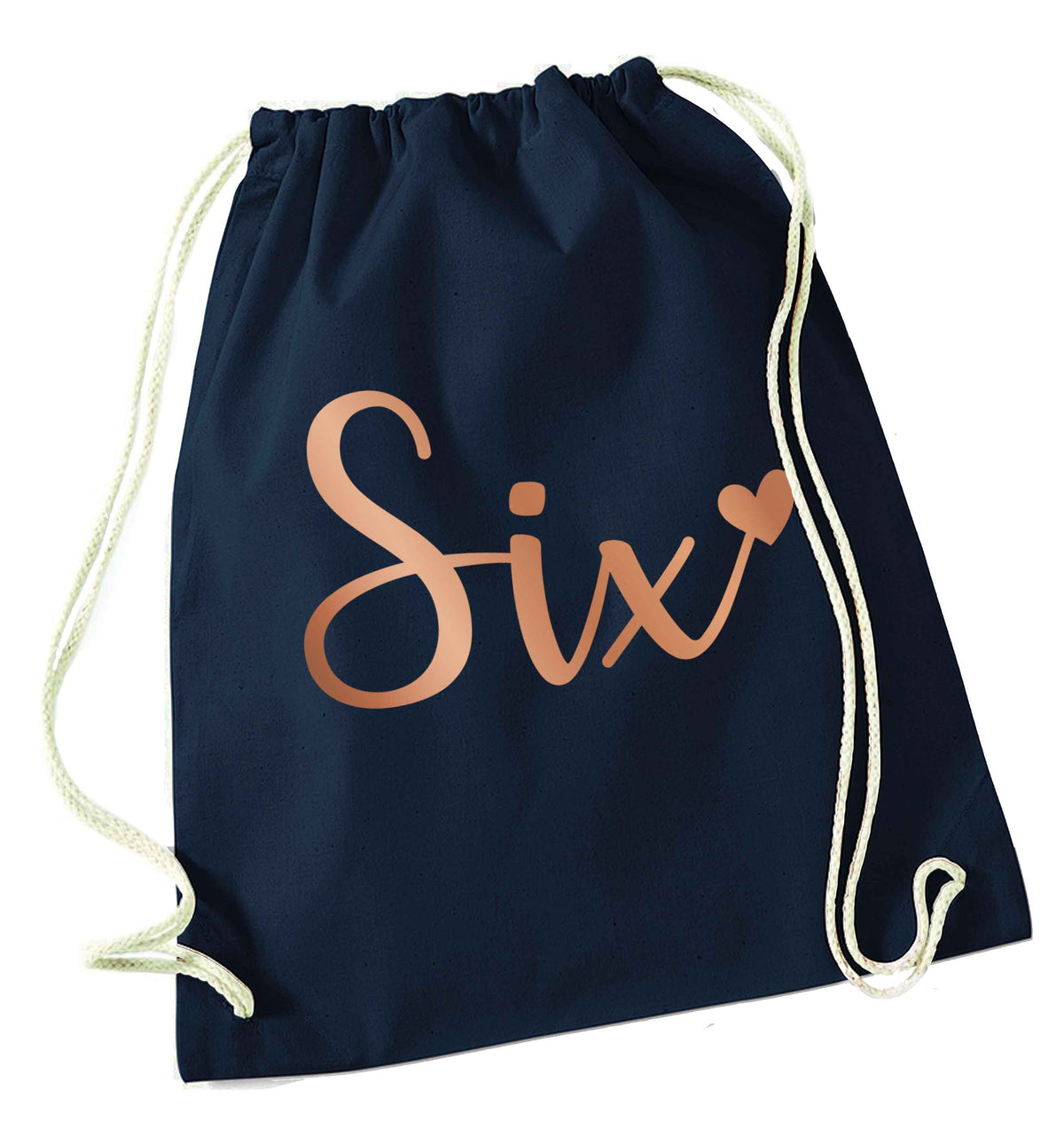 Six rose gold navy drawstring bag