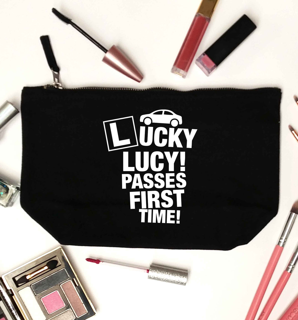 Personalised Lucky passes first time black makeup bag