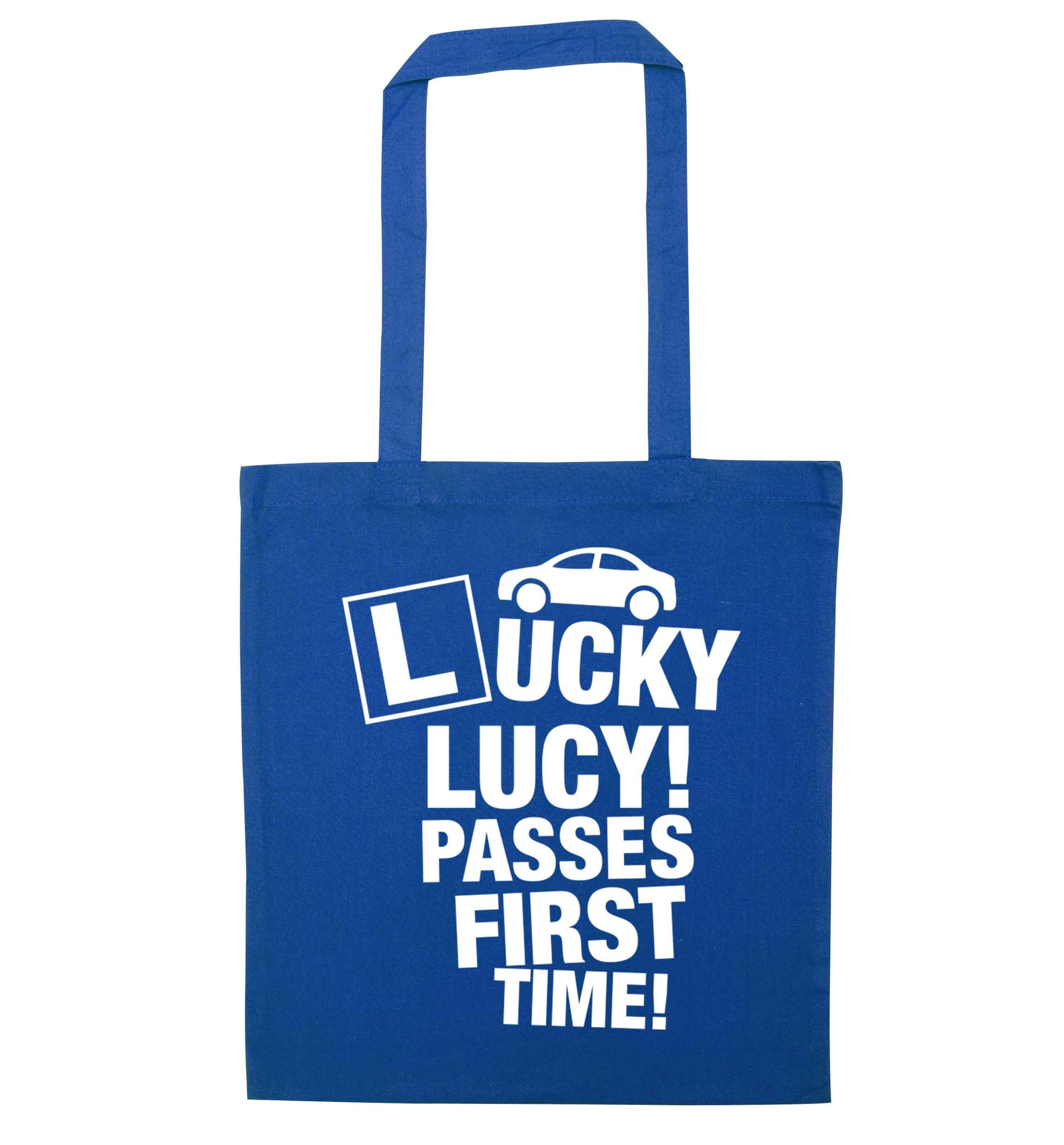 Personalised Lucky passes first time blue tote bag