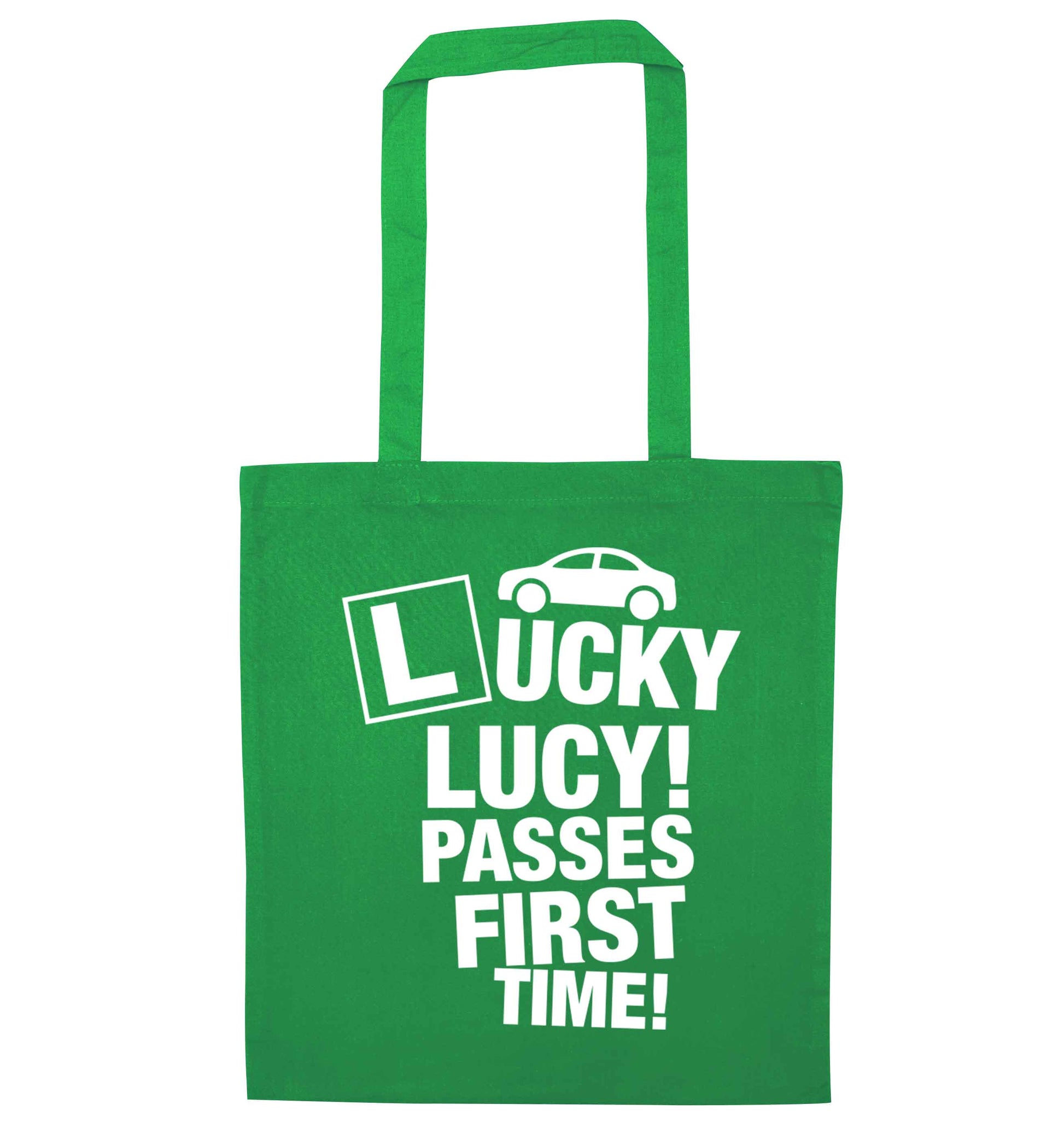Personalised Lucky passes first time green tote bag