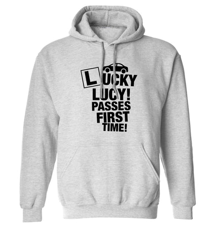 Personalised Lucky passes first time adults unisex grey hoodie 2XL